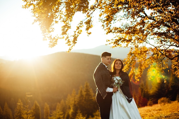 Beautiful wedding couple bride and groom in love on the background of mountains The groom in a beautiful suit and the bride in a white luxury dress Wedding couple is walking