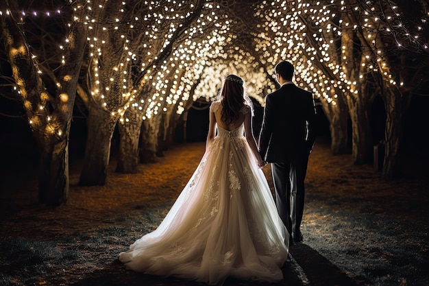 Beautiful wedding couple bride and groom walking in the park at night New bride and groom full rear view standing and holding hand AI Generated