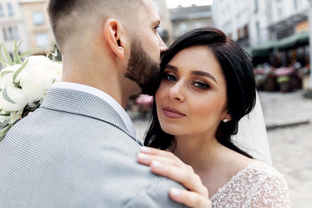 Beautiful wedding couple outdoor portrait