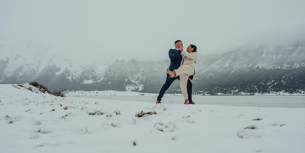 Beautiful wedding couple on their winter wedding