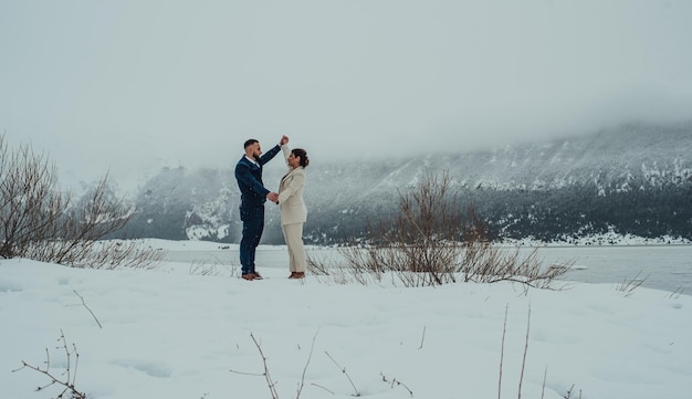 Beautiful wedding couple on their winter wedding