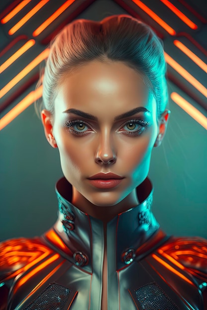 A beautiful Welsh supermodel android girl is looking directly at the camera from a midangle position with a vividly colored background adding depth to the shot AIGenerated