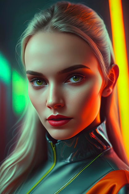 A beautiful Welsh supermodel android girl is looking directly at the camera from a midangle position with a vividly colored background adding depth to the shot AIGenerated