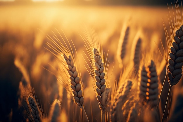 Beautiful wheat field in the sunset light. Golden ears during harvest  macro  banner format. Autumn