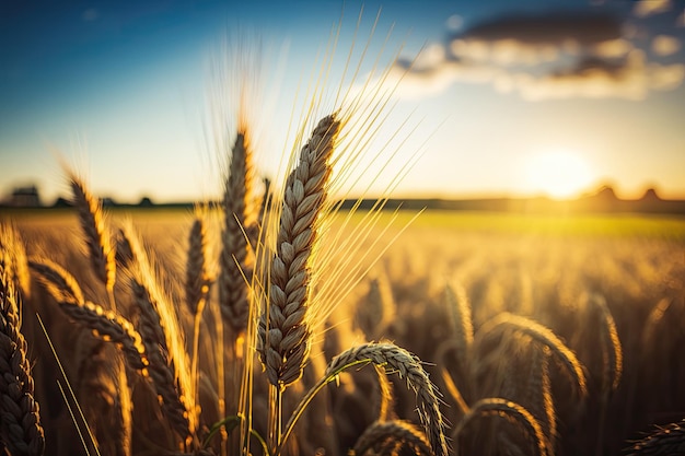 Beautiful wheat field with a picturesque sunset in the background Generative AI