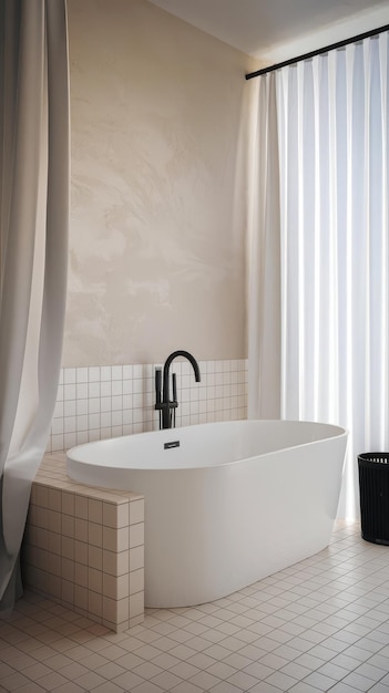 Beautiful white bathtub with black faucet standing on tiles in modern bathroom 3d rendering