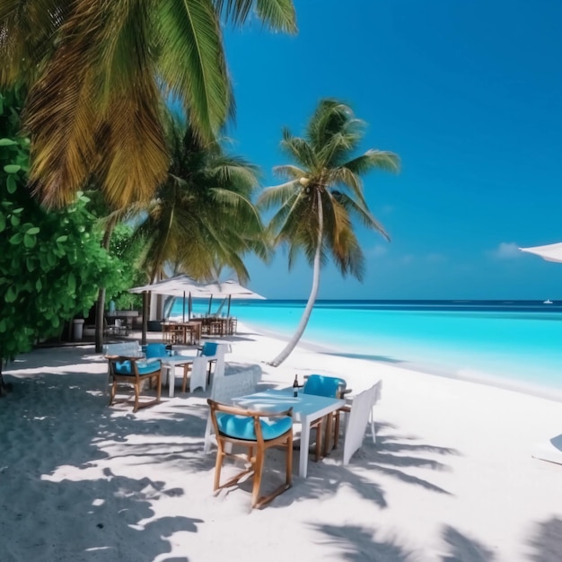 a beautiful white beach with a bar palms relax area and blue sea