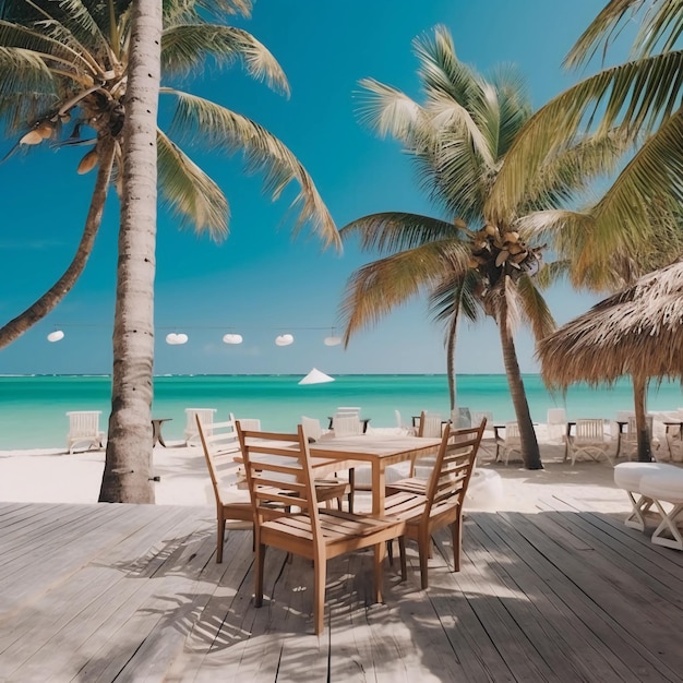 a beautiful white beach with a bar palms relax area and blue sea