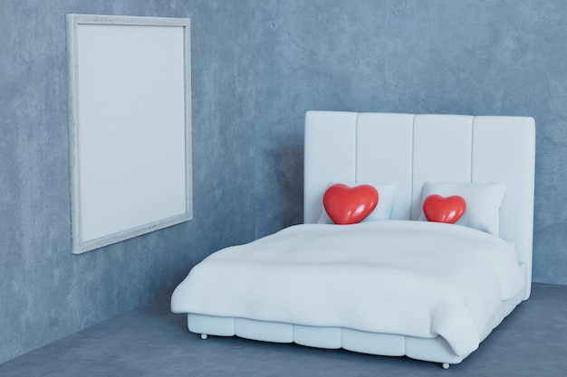 Beautiful white bed in the bedroom with a closed window on which there are two red hearts 3D render