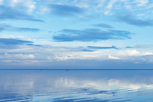 Beautiful white blue clouds over lake symmetric sky background cloudscape on lake Ik Russia Nature