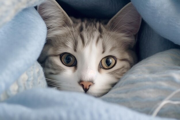 Beautiful white cat lying on the bed under a blue plaid with AI generated