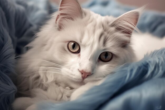 Beautiful white cat lying on the bed under a blue plaid with AI generated