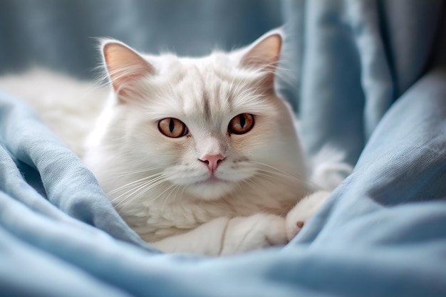 Beautiful white cat lying on the bed under a blue plaid with AI generated