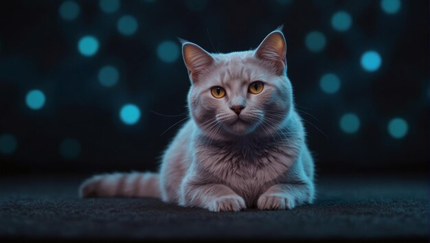 Beautiful White Cat with Golden Eyes Lying Down with Blue Bokeh Lights Background