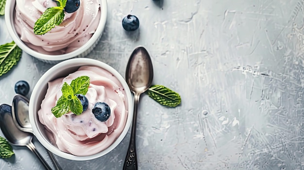 Photo beautiful white ceramic bowls with blueberries and mint leaves on the napkin light grey concrete background