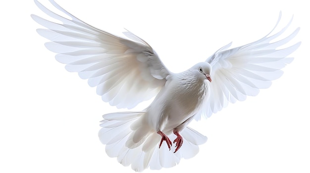 A beautiful white dove is flying with its wings spread wide