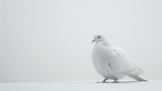 A beautiful white dove stands alone on a white background The dove is facing to the left of the viewer and is looking in the same direction