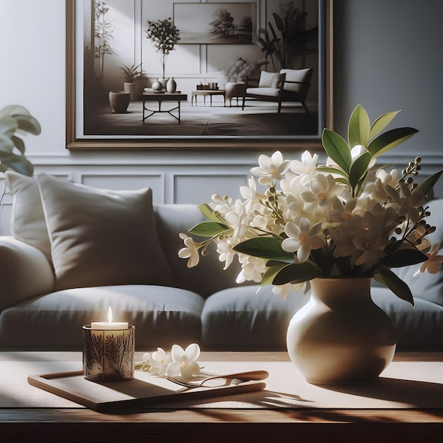 Photo a beautiful white flower vase sits middle on a table in the room