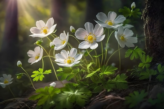 Beautiful white flowers of anemones in spring in a forest close up in sunlight in nature