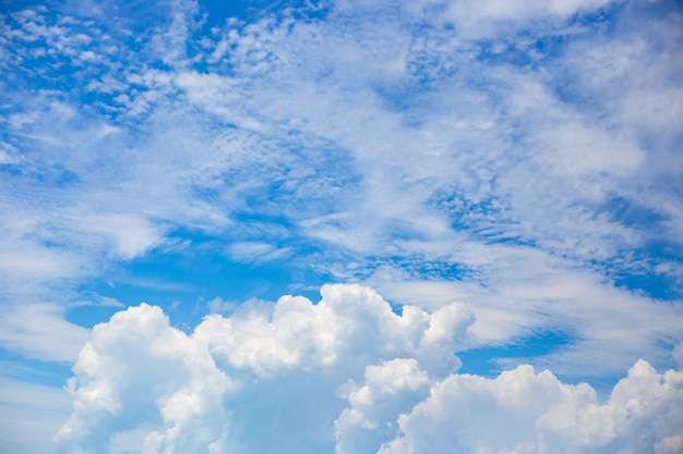 Beautiful white fluffy and feathery clouds against the blue sky. Natural delicate background for text.