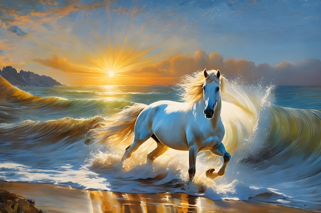 beautiful white horse galloping across the sea at sunset