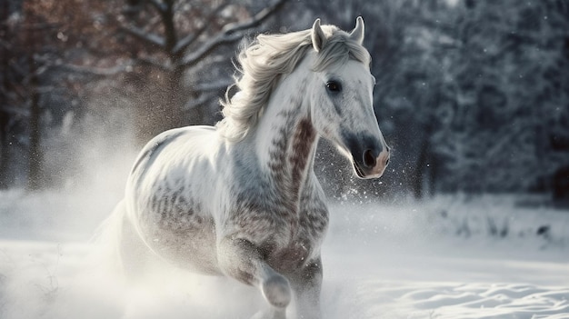 Beautiful white horse galloping in the snowgenerative ai