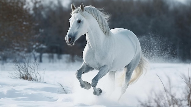 Beautiful white horse galloping in the snowgenerative ai