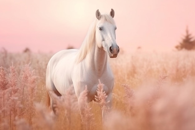 Beautiful white horse or mare in a mountain with pink flowers and plants