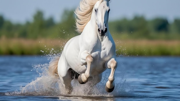 Beautiful white horse running on beach