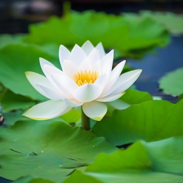 beautiful White Lotus Flower with green leaf in in pond