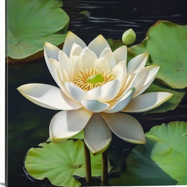 beautiful White Lotus Flower with green leaf in in pond