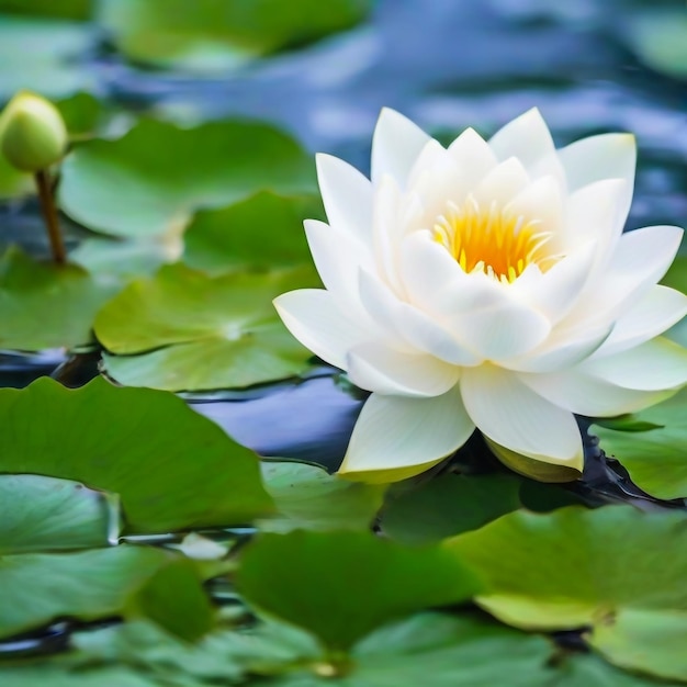 beautiful White Lotus Flower with green leaf in in pond