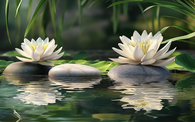 Beautiful white lotus flowers on smooth stones in a serene pond surrounded by lush green foliage during bright daylight