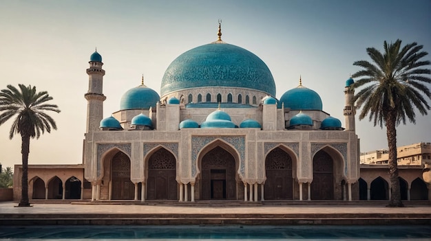 Beautiful White Mosque with Domes and Minarets at Sunset Light Reflection on Water Surface