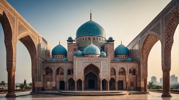 Beautiful White Mosque with Domes and Minarets at Sunset Light Reflection on Water Surface