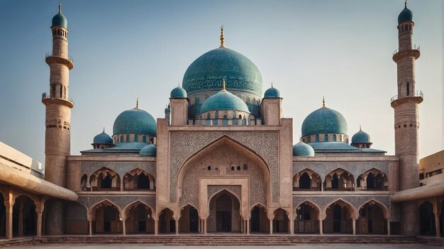 Beautiful White Mosque with Domes and Minarets at Sunset Light Reflection on Water Surface