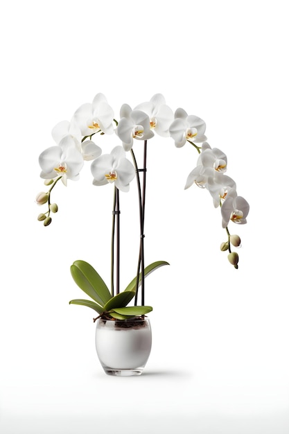 Beautiful white orchid flower in ceramic pot on white background