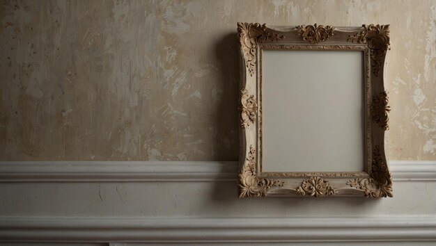 Beautiful white ornament Rococo decorative photo frame mock up on a decorative stucco molding Frame molding copy space mockup