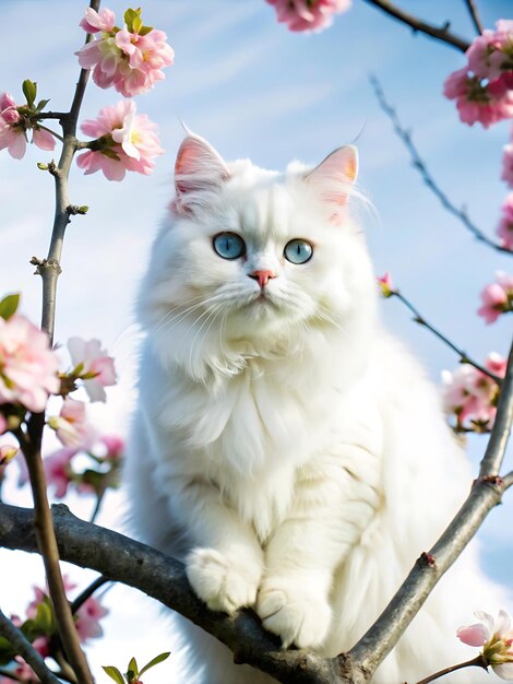 Photo a beautiful white persian cat with blue eyes sits on a branch with pink flowers