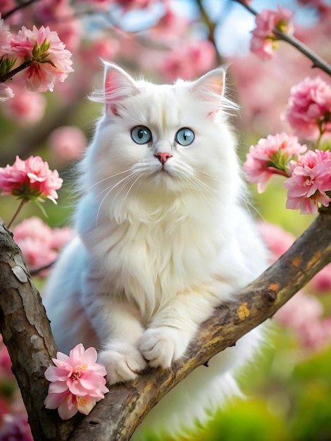 Photo a beautiful white persian cat with blue eyes sits on a branch with pink flowers