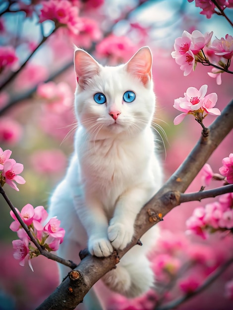 Photo a beautiful white persian cat with blue eyes sits on a branch with pink flowers