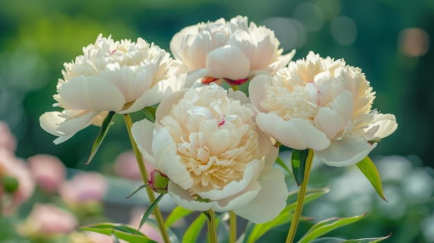 Beautiful White and Pink Peony Blossoms with Soft Bokeh Background in Lush Garden Setting