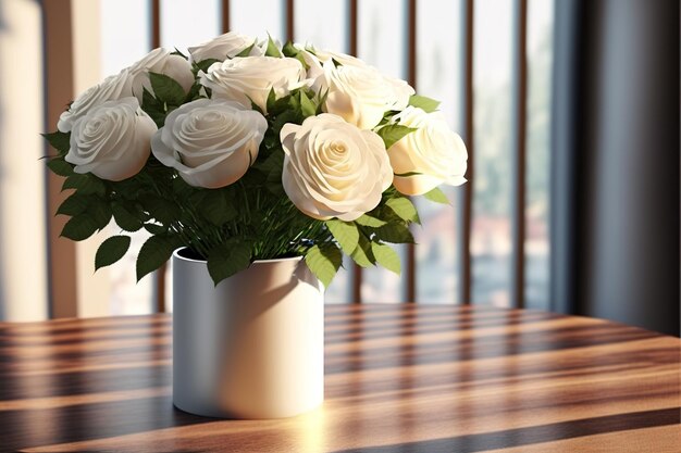 beautiful white roses as table decorations in a vase put on wooden table with sunlight