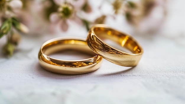 Beautiful white setting with wedding rings and floral details