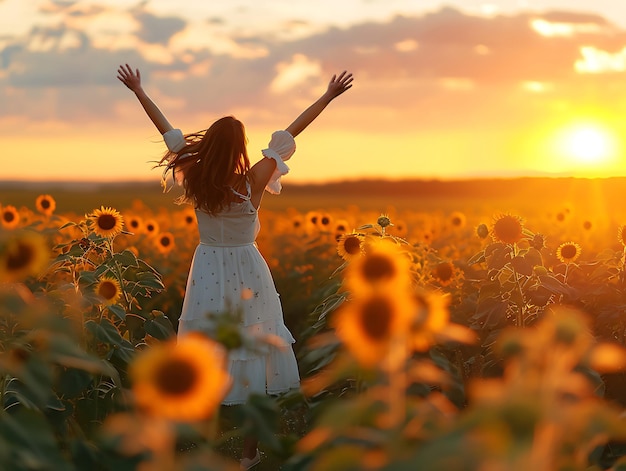 A beautiful white shirt young girl in a field of sunflower on sunset summer season sunlight