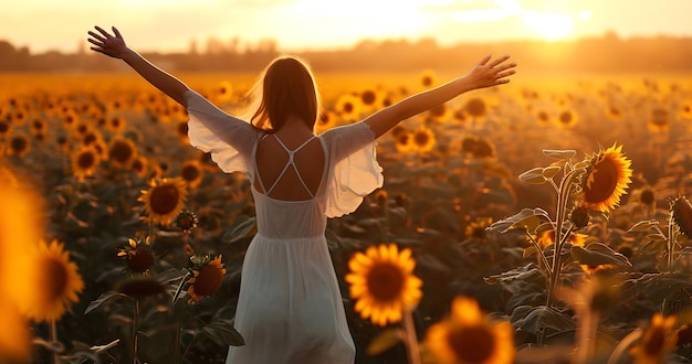 A beautiful white shirt young girl in a field of sunflower on sunset summer season sunlight