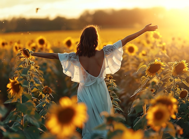 A beautiful white shirt young girl in a field of sunflower on sunset summer season sunlight