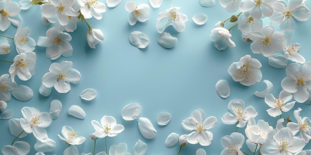 Beautiful white spring flowers on pastel blue background flat lay with copy space