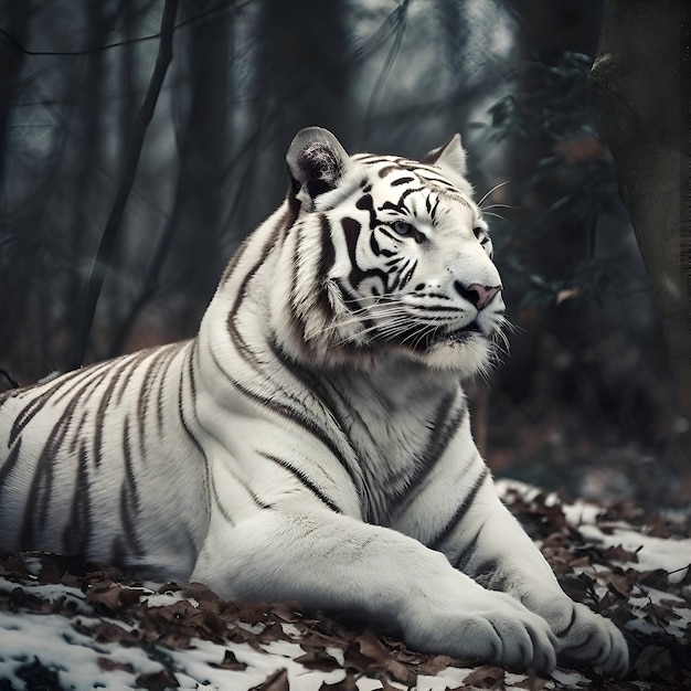 Beautiful white tiger lying in the autumn forest Toned