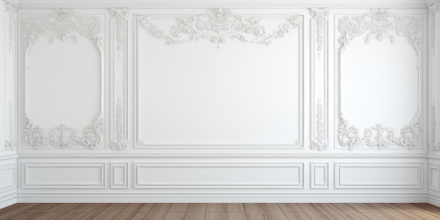 The beautiful white wall is adorned with intricate plaster moldings